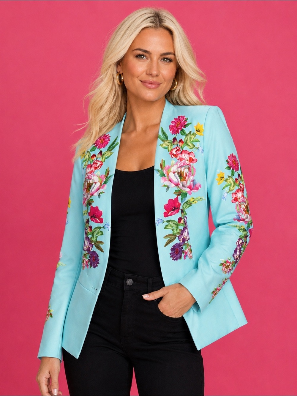 Boston Proper Aqua Floral Print Blazer